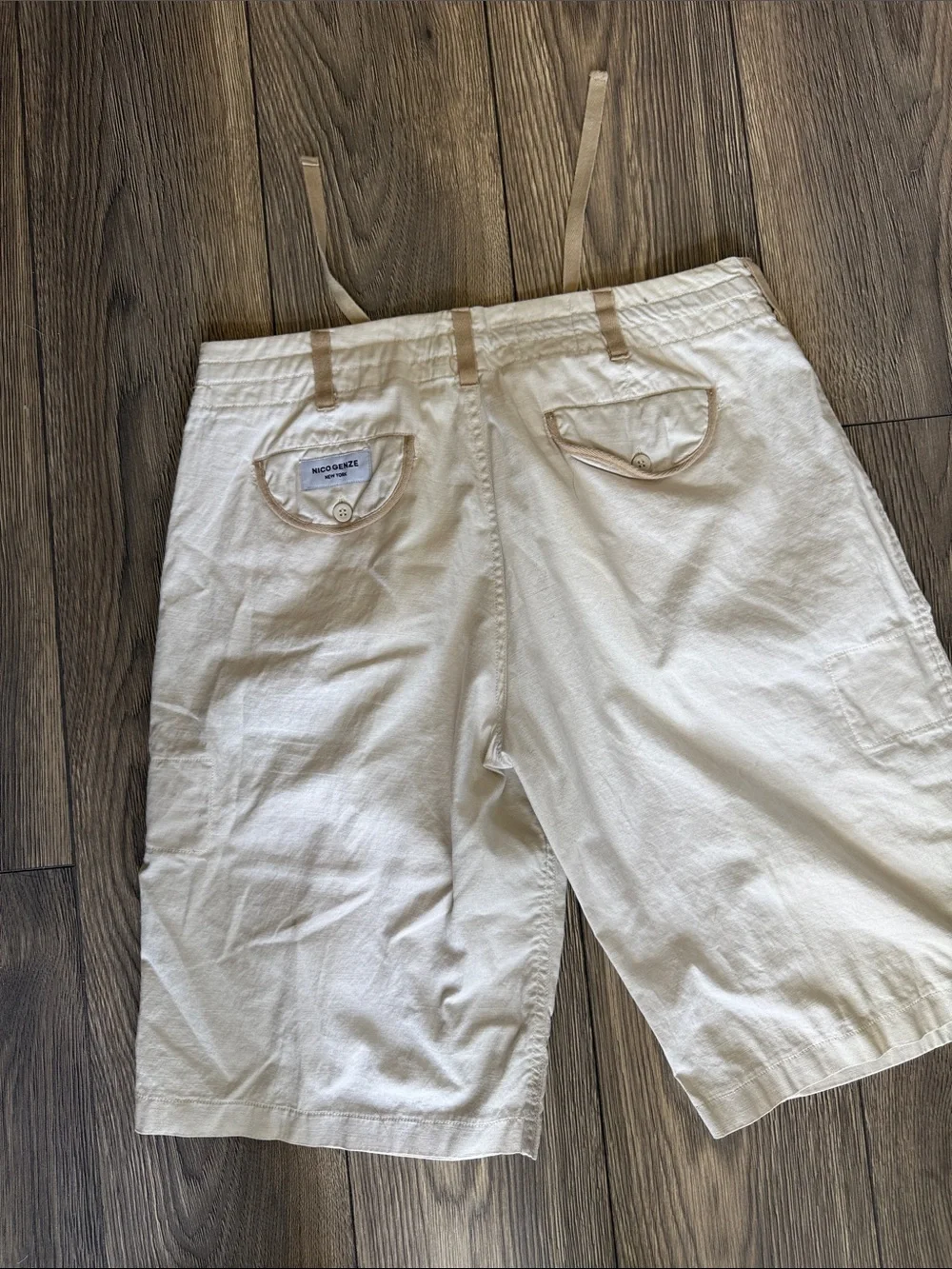 NICO GENZE New York 100% Linen Avant Garde Cargo Shorts XL ivory Artisanal”